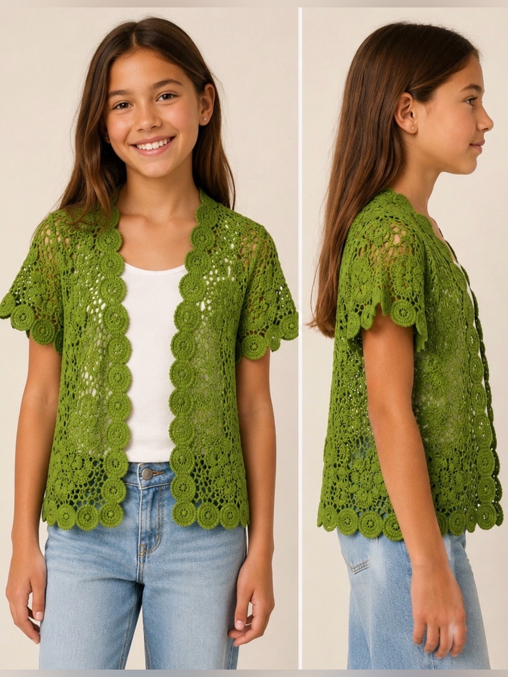 Girls Green Crochet Lace Open Cardigan Size 10-12 Boho Floral Shrug